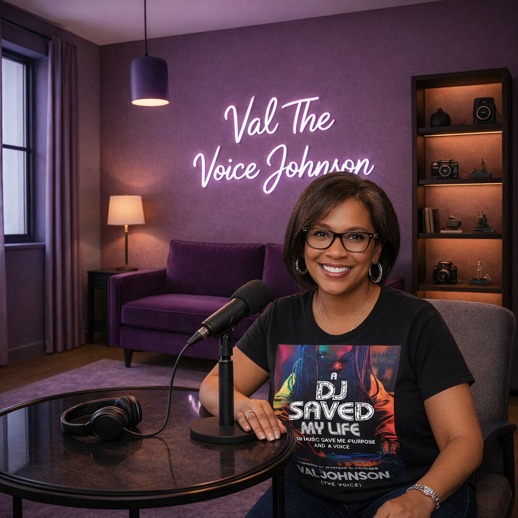 Val The Voice Johnson in a solo podcasting production studio